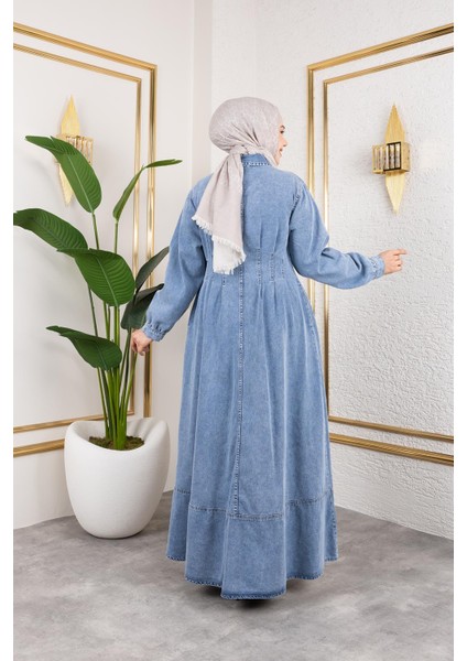 Beli Büzgülü Düğmeli Kot Elbise Mavi indirimleri