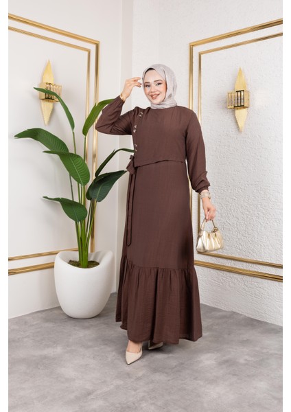 Kadın Bağlama Detaylı Çilek Kumaş Kahverengi Elbise fiyatları