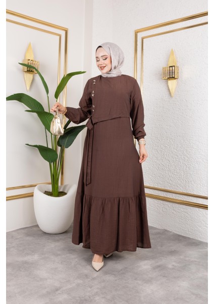 Kadın Bağlama Detaylı Çilek Kumaş Kahverengi Elbise modelleri