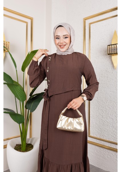 Kadın Bağlama Detaylı Çilek Kumaş Kahverengi Elbise fırsatları
