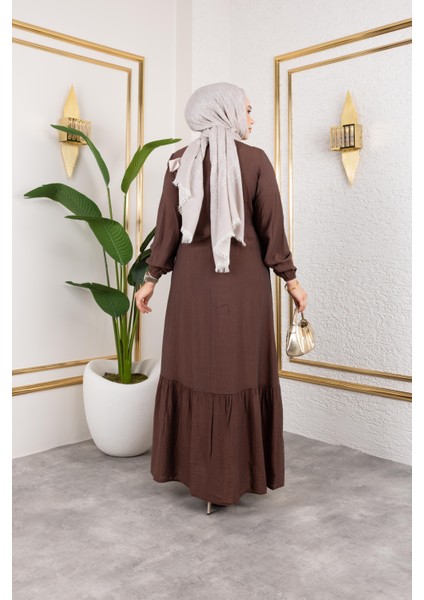 Kadın Bağlama Detaylı Çilek Kumaş Kahverengi Elbise indirimleri