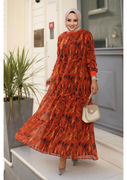 Kadın Yaprak Desenli Şifon Elbise