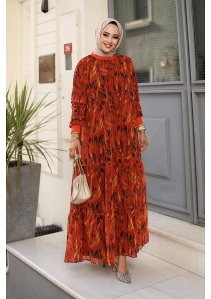 Kadın Yaprak Desenli Şifon Elbise fiyatları