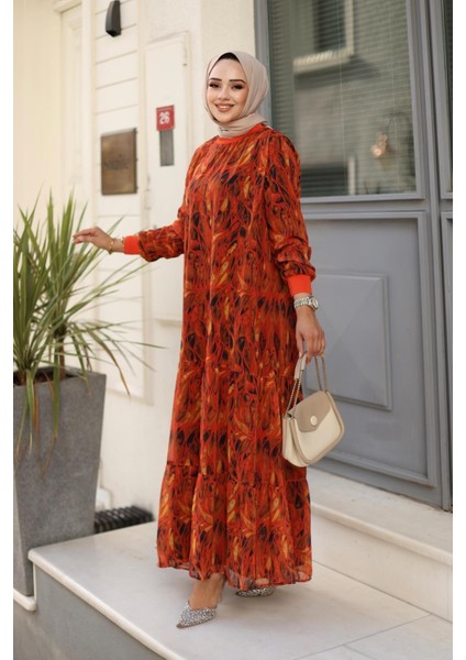 Kadın Yaprak Desenli Şifon Elbise modelleri