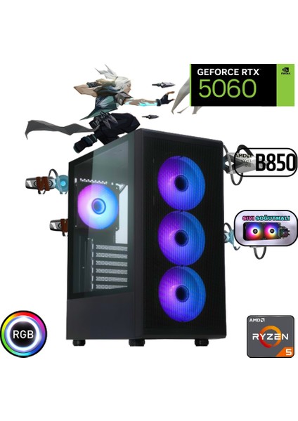 Ryzen 5 7500F 32GB Ddr5 1tb SSD Rtx 5060 B850 Wi Fi Anakart 240MM Sıvı Soğutma Oyuncu Bilgisayarı