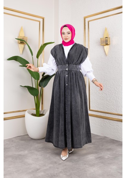 Kadın V Yaka Düğmeli Siyah Kot Jile