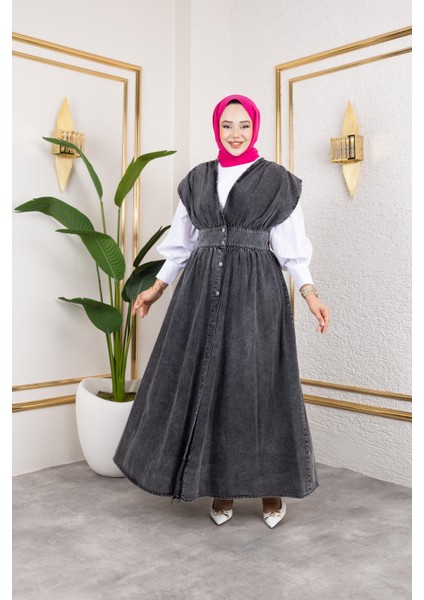 Kadın V Yaka Düğmeli Siyah Kot Jile fiyatları