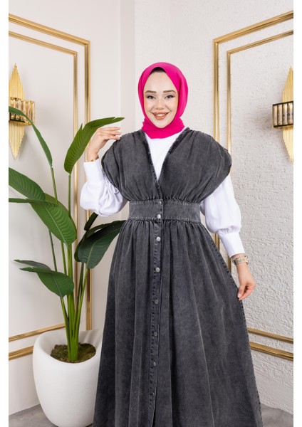 Kadın V Yaka Düğmeli Siyah Kot Jile fırsatları