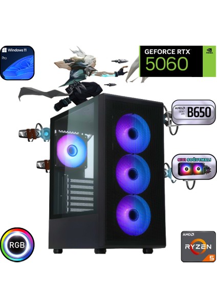 Ryzen 5 7500F 32GB Ddr5 2tb SSD Rtx 5060 B650 Anakart 240MM Sıvı Soğutma Windows 11 Pro Masaüstü Bilgisayar
