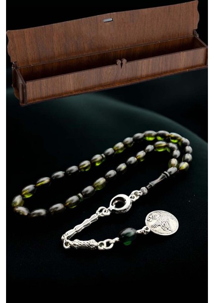 Sertifikalı Usta Işçilikli Yeşil Siyah Hareli Ateş Kehribar Tesbih Ahşap Kutulu