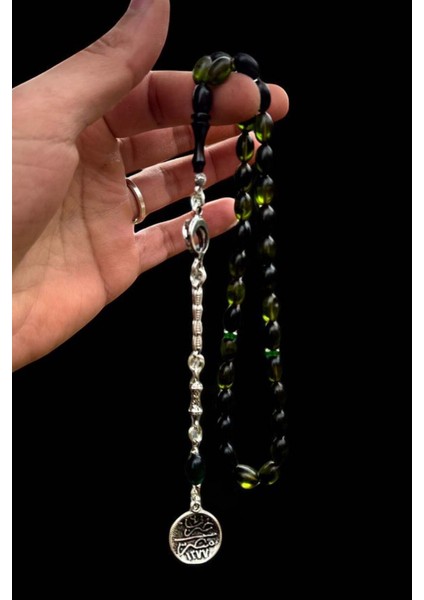 Sertifikalı Usta Işçilikli Yeşil Siyah Hareli Ateş Kehribar Tesbih Ahşap Kutulu fiyatları