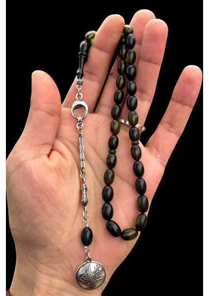 Sertifikalı Usta Işçilikli Yeşil Siyah Hareli Ateş Kehribar Tesbih Ahşap Kutulu modelleri