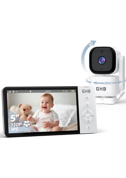 Bebek Monitörü Kamera, 5 Inç 720P Hd, 350° Dönüş, 5000 Mah, Gece Görüşü, Vox Modu