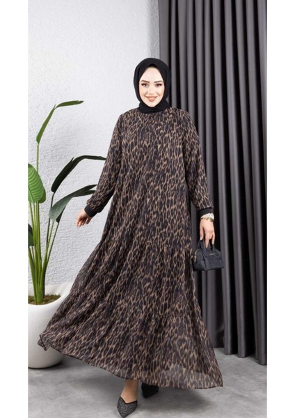 Kadın Astarlı Zebra Desenli Şifon Elbise