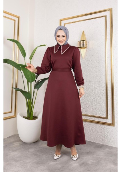 Kadın Kuşaklı Yakası Incili Scuba Kumaş Tesettür Elbise