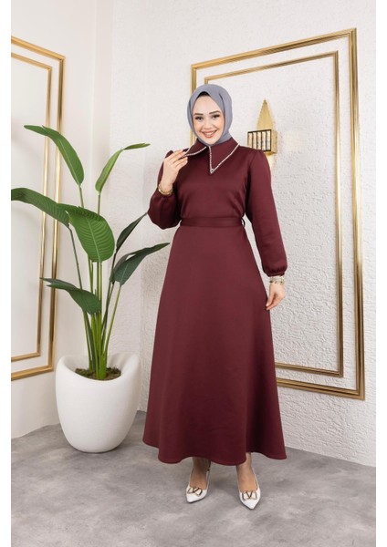 Kadın Kuşaklı Yakası Incili Scuba Kumaş Tesettür Elbise fiyatları