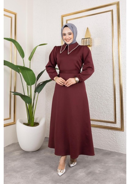 Kadın Kuşaklı Yakası Incili Scuba Kumaş Tesettür Elbise modelleri