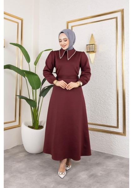 Kadın Kuşaklı Yakası Incili Scuba Kumaş Tesettür Elbise fırsatları