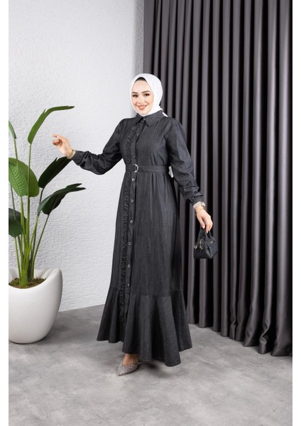 Kadın Fırfır Detaylı Kuşaklı Kot Elbise fiyatları