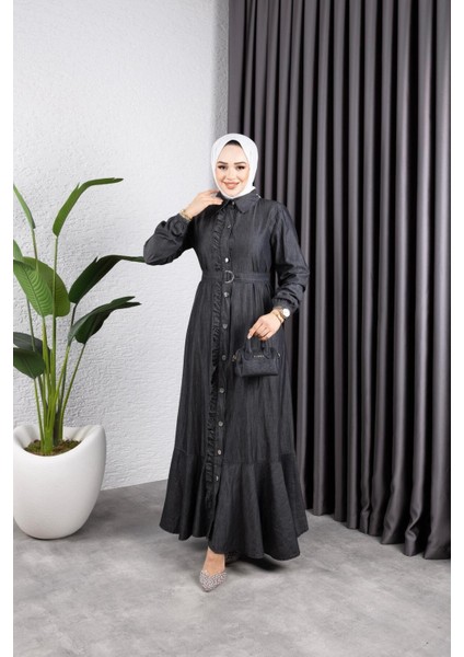 Kadın Fırfır Detaylı Kuşaklı Kot Elbise modelleri