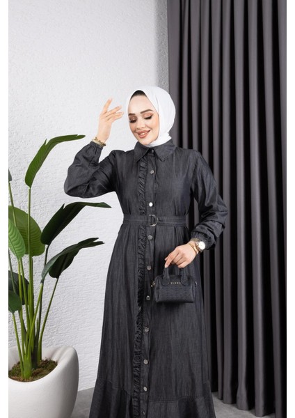 Kadın Fırfır Detaylı Kuşaklı Kot Elbise fırsatları