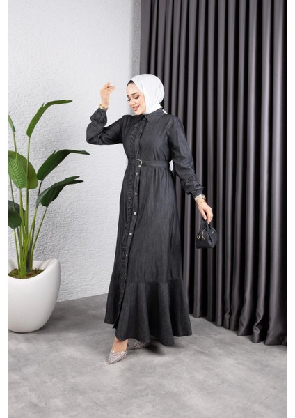 Kadın Fırfır Detaylı Kuşaklı Kot Elbise indirimleri