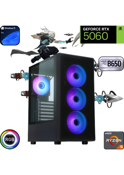 Ryzen 5 7500F 16GB Ddr5 2tb SSD Rtx 5060 B650 Anakart Windows 11 Pro Oyuncu Bilgisayarı