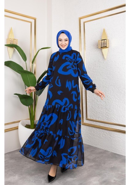 Kadın Astarlı Şifon Desenli Elbise modelleri