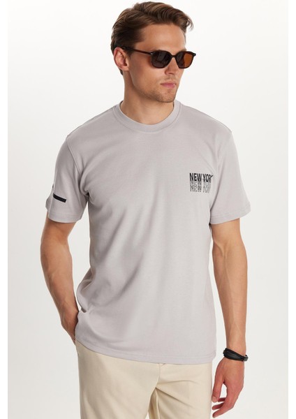 Erkek Slim Fit Dar Kesim Pamuklu Düz Basic Baskılı Bisiklet Yaka Gri Tişört
