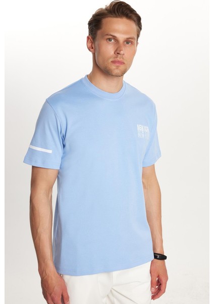 Erkek Slim Fit Dar Kesim Pamuklu Düz Basic Baskılı Bisiklet Yaka Mavi Tişört