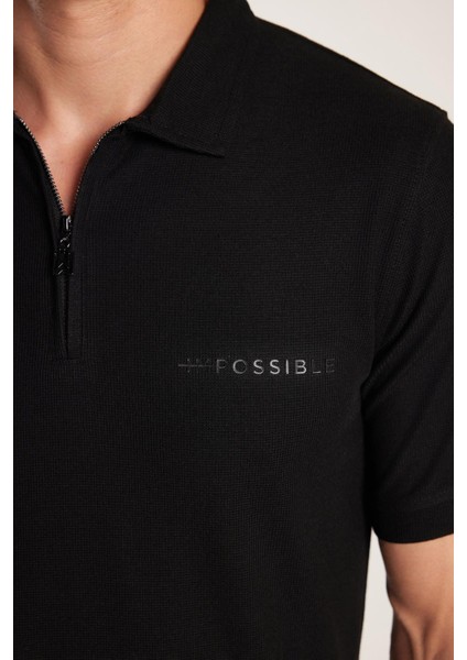 Erkek Standart Fit Normal Kesim Pamuklu Fermuarlı Baskılı Basic Siyah Polo Yaka Tişört modelleri