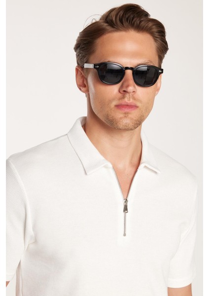 Erkek Slim Fit Dar Kesim %100 Pamuk Fermuarlı Beyaz Polo Yaka Tişört