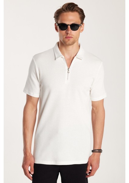 Erkek Slim Fit Dar Kesim %100 Pamuk Fermuarlı Beyaz Polo Yaka Tişört fiyatları