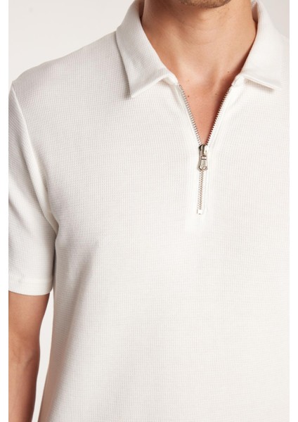 Erkek Slim Fit Dar Kesim %100 Pamuk Fermuarlı Beyaz Polo Yaka Tişört modelleri