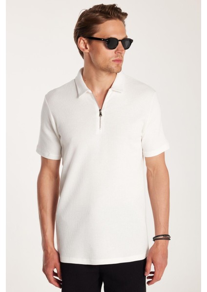 Erkek Slim Fit Dar Kesim %100 Pamuk Fermuarlı Beyaz Polo Yaka Tişört fırsatları