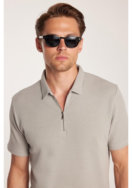 Erkek Slim Fit Dar Kesim %100 Pamuk Fermuarlı Gri Polo Yaka Tişört