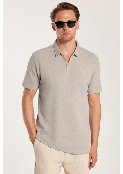 Erkek Slim Fit Dar Kesim %100 Pamuk Fermuarlı Gri Polo Yaka Tişört fiyatları