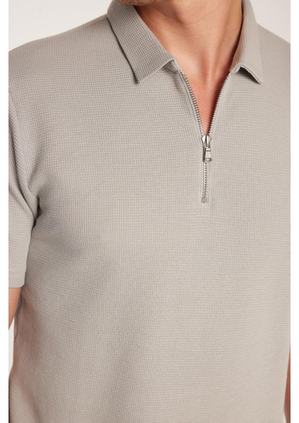 Erkek Slim Fit Dar Kesim %100 Pamuk Fermuarlı Gri Polo Yaka Tişört modelleri