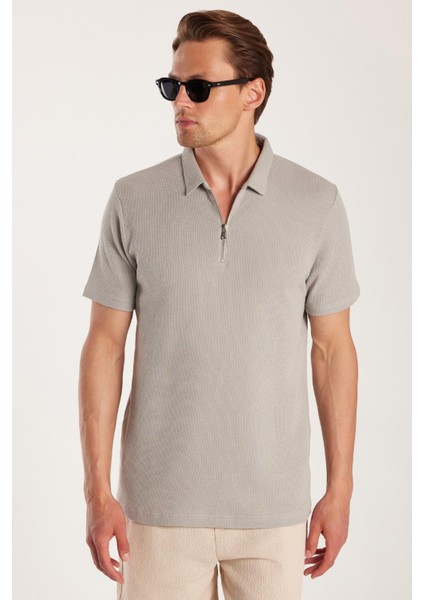 Erkek Slim Fit Dar Kesim %100 Pamuk Fermuarlı Gri Polo Yaka Tişört fırsatları