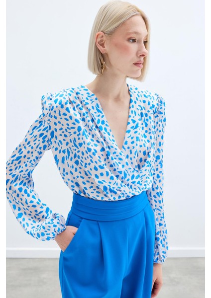 Kruvaze Desenli Bodysuit - Lacivert