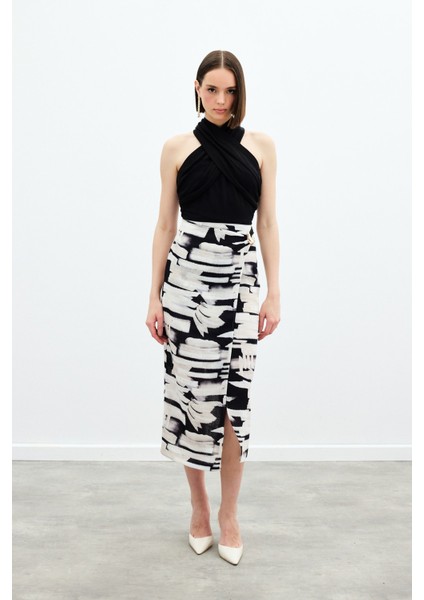 Desenli Keten Kalem Etek - Siyah