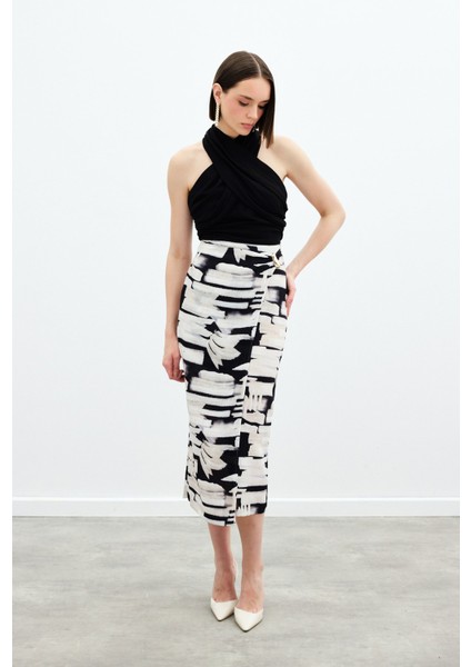 Desenli Keten Kalem Etek - Siyah fiyatları