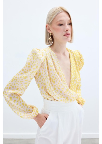 Kruvaze Desenli Bodysuit - Sarı-Ekru modelleri