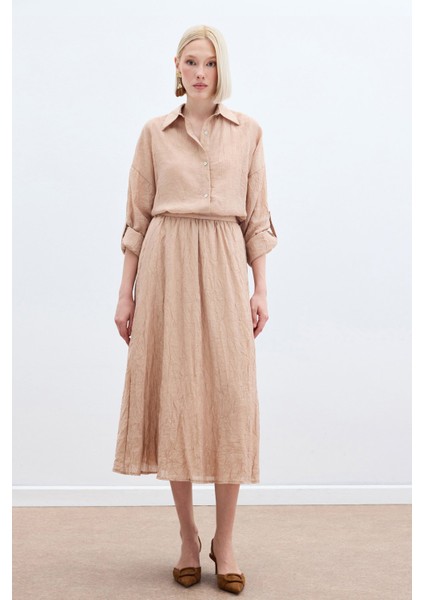 Kraşlı Kloş Etek - Pudra