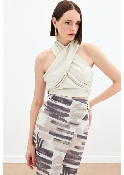 Halter Yaka Keten Crop Bluz - Bej