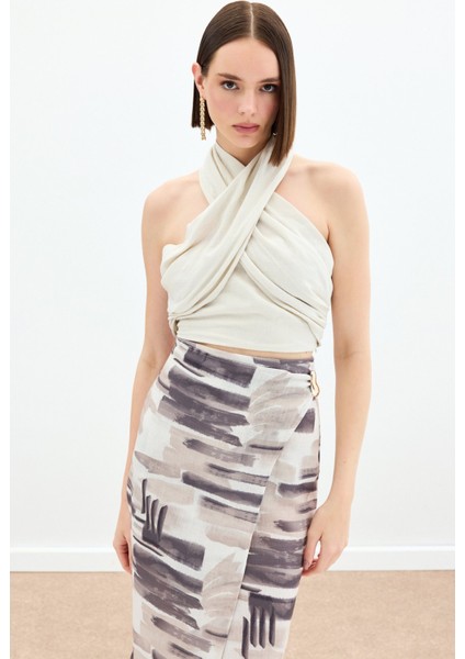 Halter Yaka Keten Crop Bluz - Bej