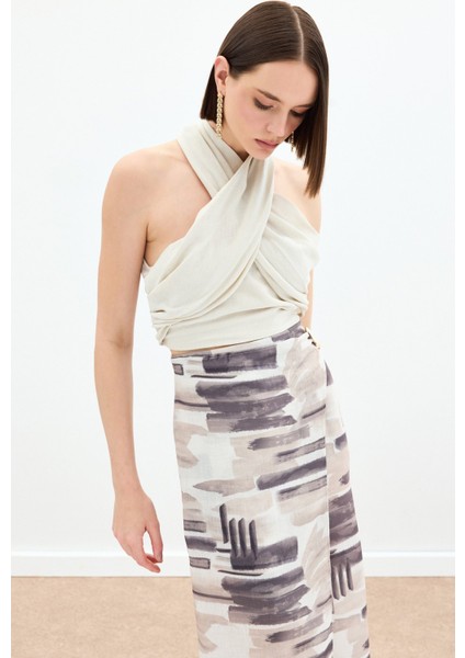 Halter Yaka Keten Crop Bluz - Bej