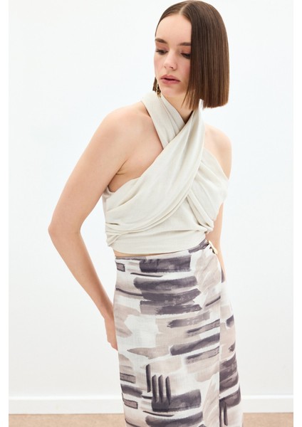 Halter Yaka Keten Crop Bluz - Bej