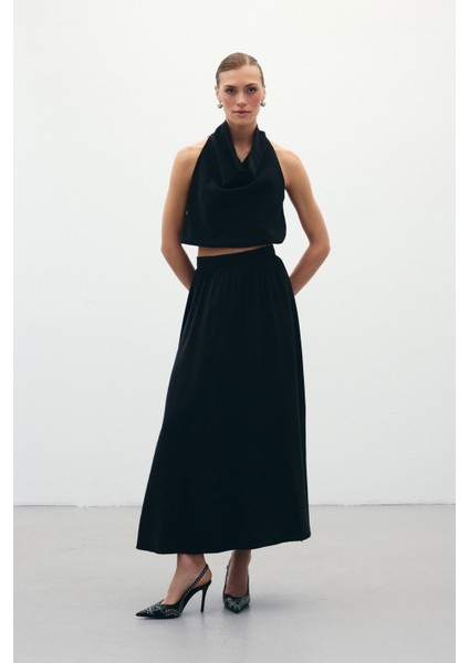 Yırtmaçlı Uzun Etek - Siyah