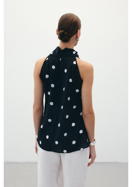 Kolsuz Puantiye Desenli Bluz - Siyah indirimleri